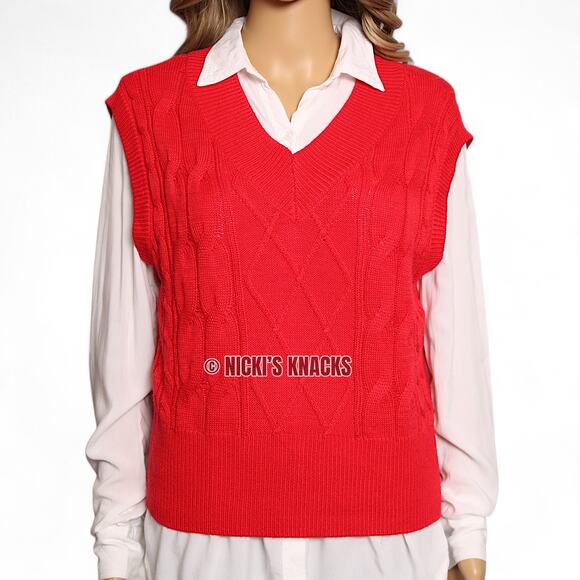 Sincerely Jules Red Cable Knit Sleeveless Sweater V-Neck Academia Preppy Size L - Picture 7 of 13